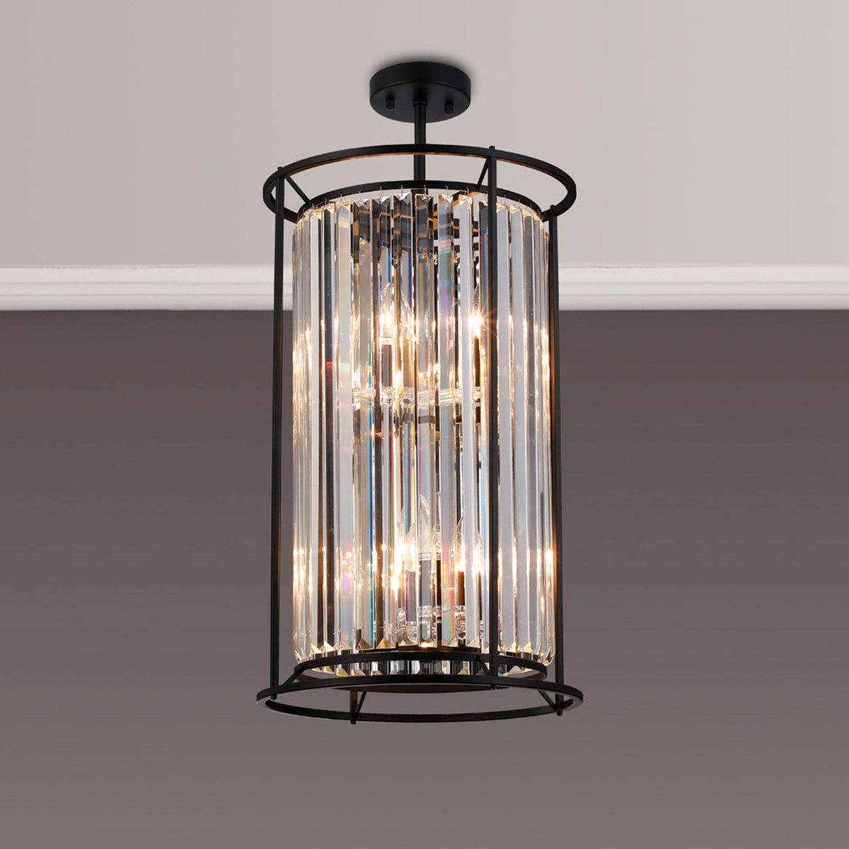 Torrington 6 Lamp 2 Tier Pendant in Satin Black with Clear Crystals