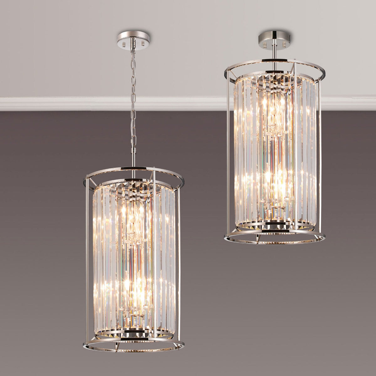 Two cylindrical crystal chandeliers with chrome accents, one hanging by a chain, the other flush-mounted.