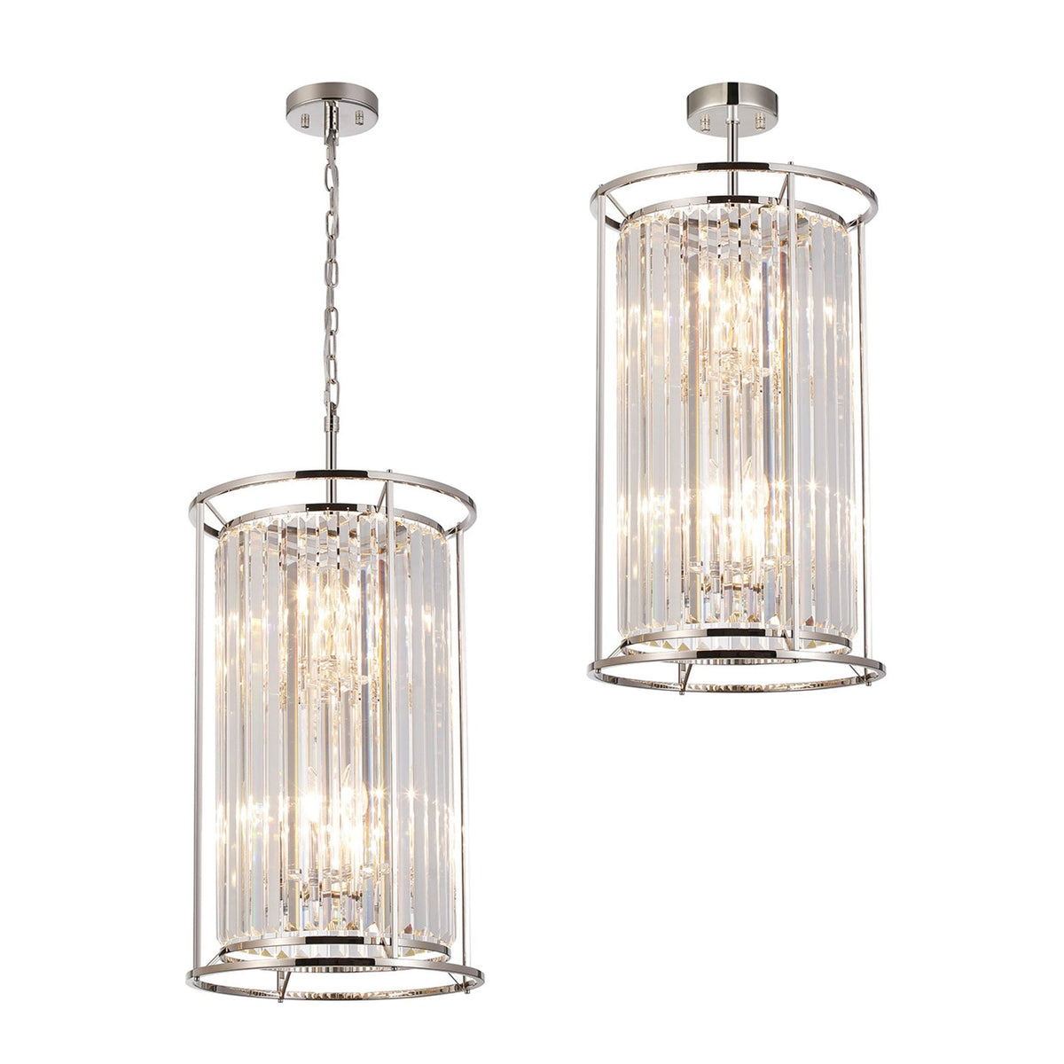 Two cylindrical crystal chandeliers with polished chrome frames, one hanging by a chain, the other flush-mounted.