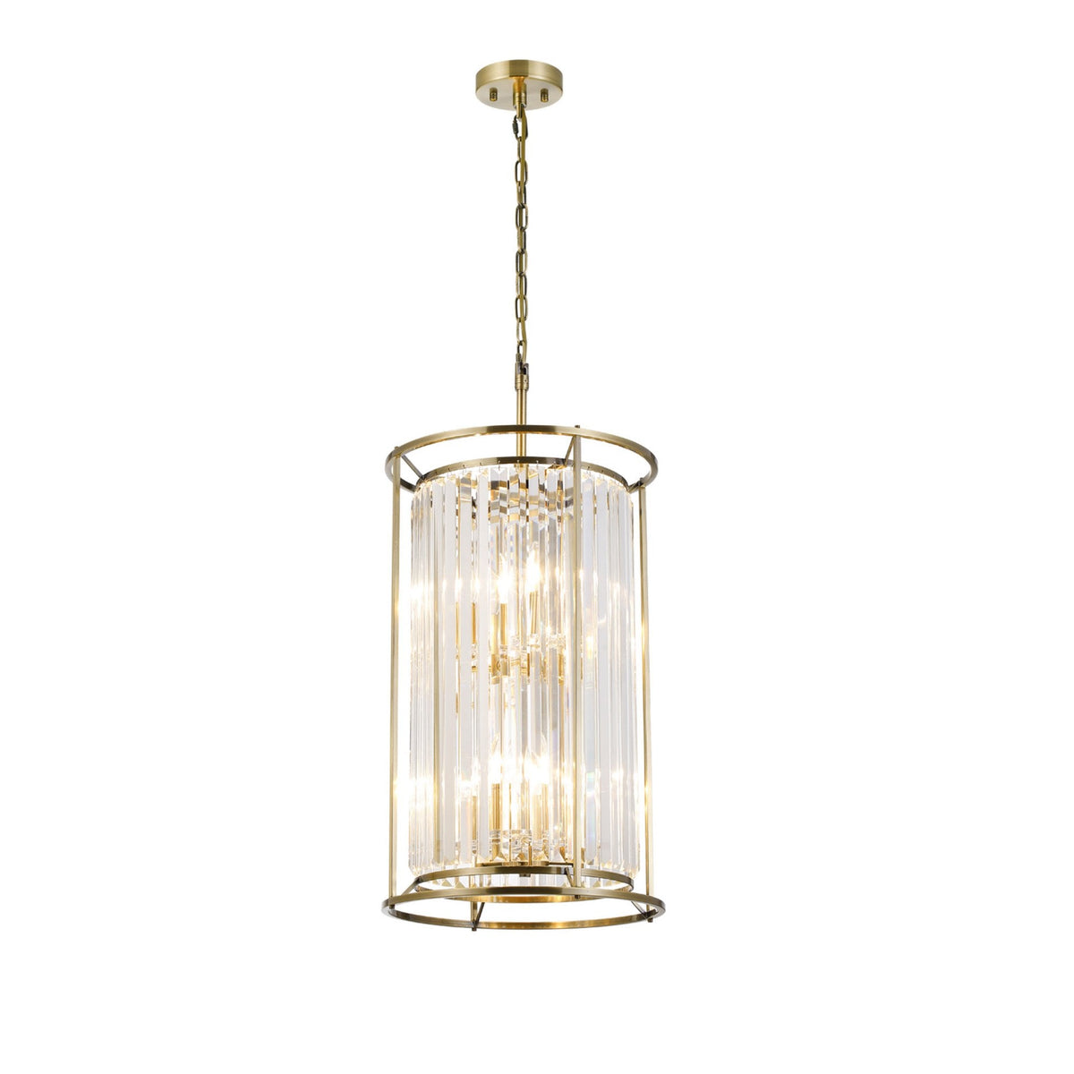Cylindrical chandelier with clear glass rods and a gold-finished frame, hanging from a chain.