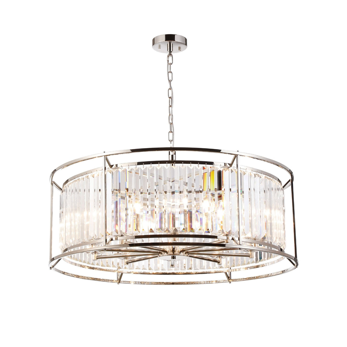 Round crystal chandelier with a polished chrome frame and hanging rectangular crystal prisms.