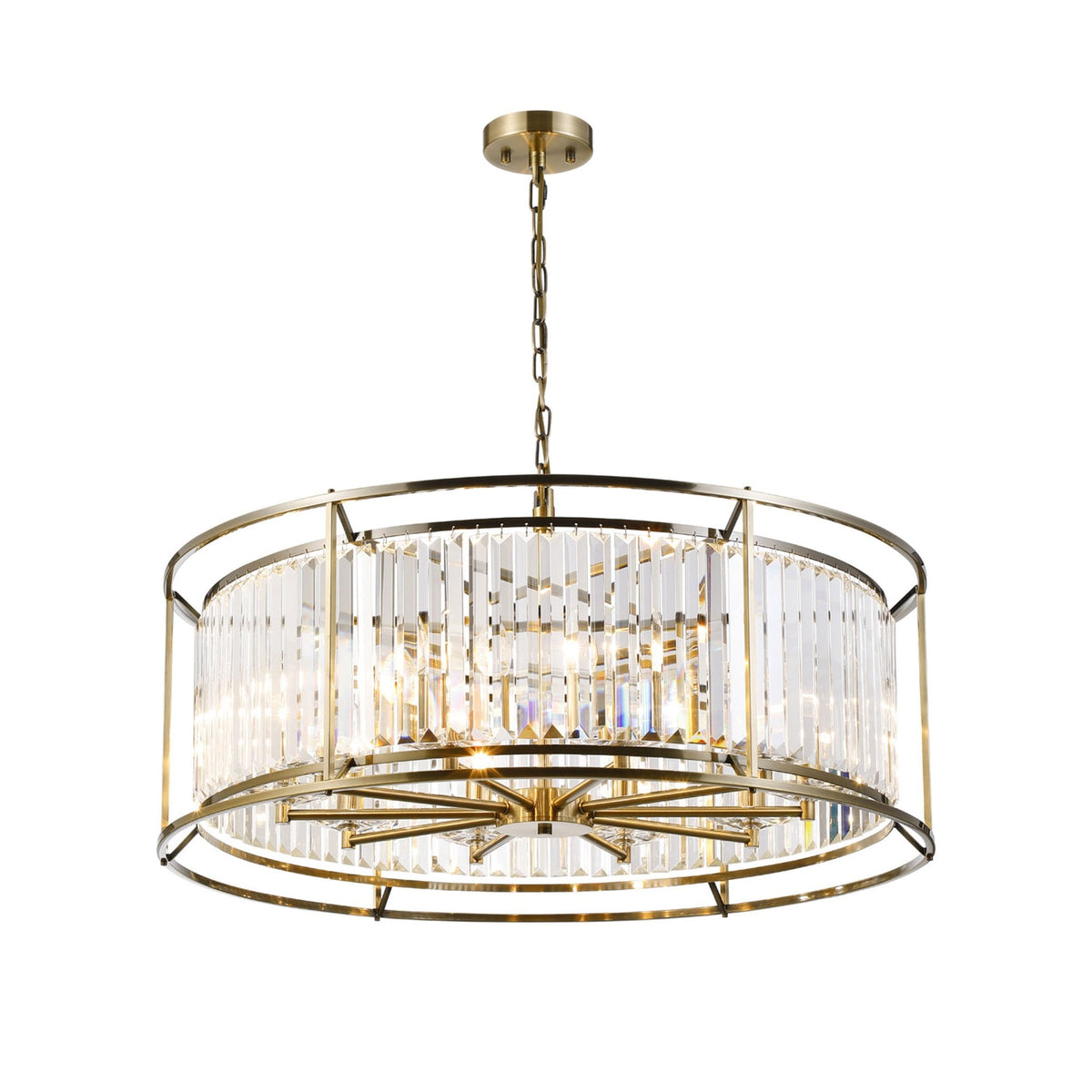 Round brass chandelier with vertical crystal rods and internal lights, hanging from a chain.