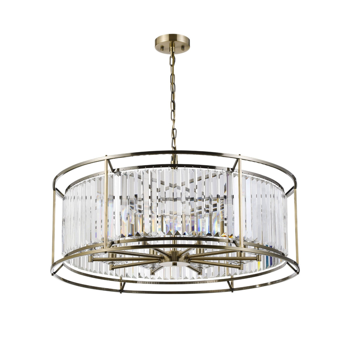 Round brass chandelier with clear rectangular crystal accents.
