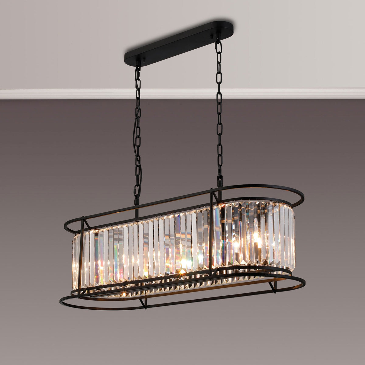 Torrington 7 Lamp Oval Pendant in Satin Black with Clear Crystals