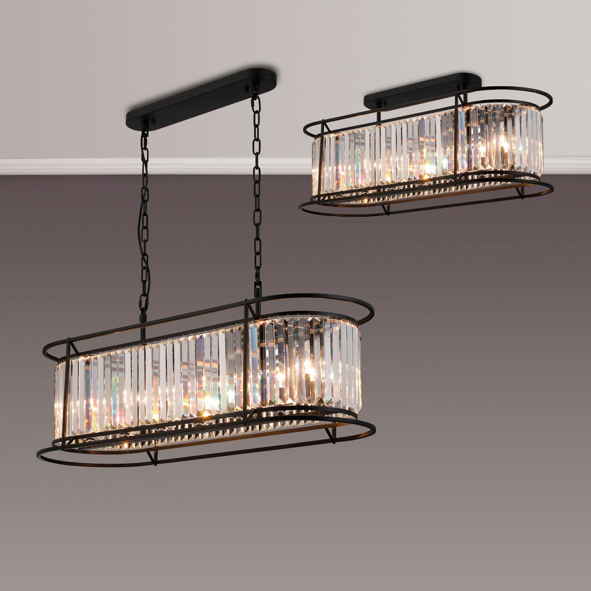Torrington 7 Lamp Oval Pendant in Satin Black with Clear Crystals