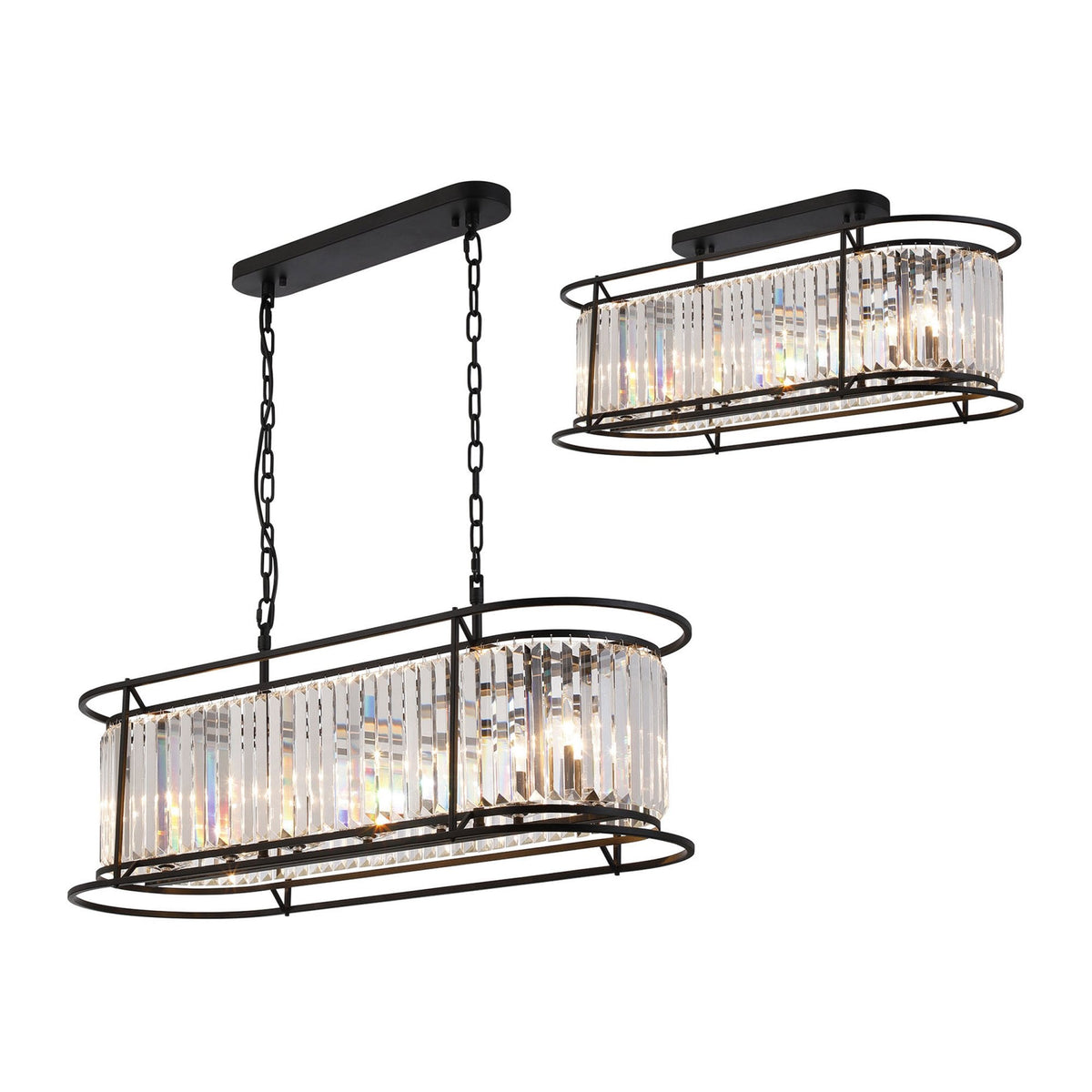 Torrington 7 Lamp Oval Pendant in Satin Black with Clear Crystals