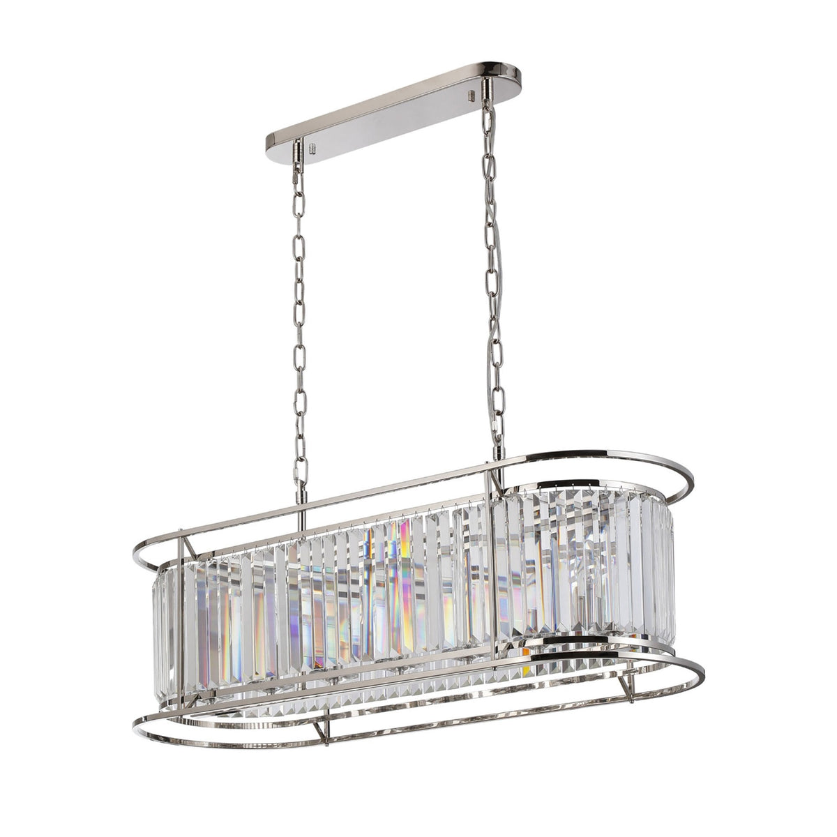 Rectangular chandelier with clear crystal rods and a polished nickel frame.