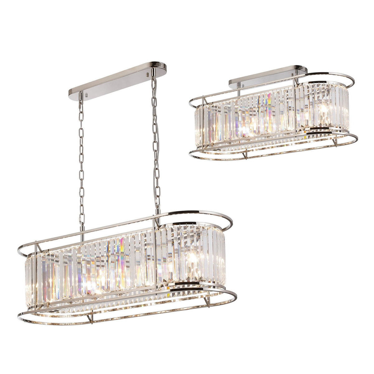 Two rectangular crystal chandeliers with polished nickel frames and chains, one hanging and one floating.