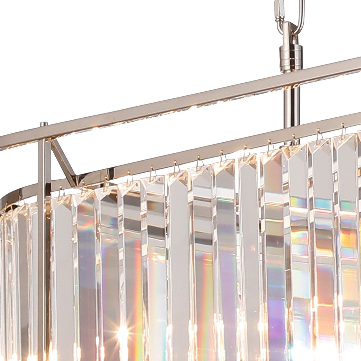 Close-up of a crystal chandelier with rectangular prisms reflecting light