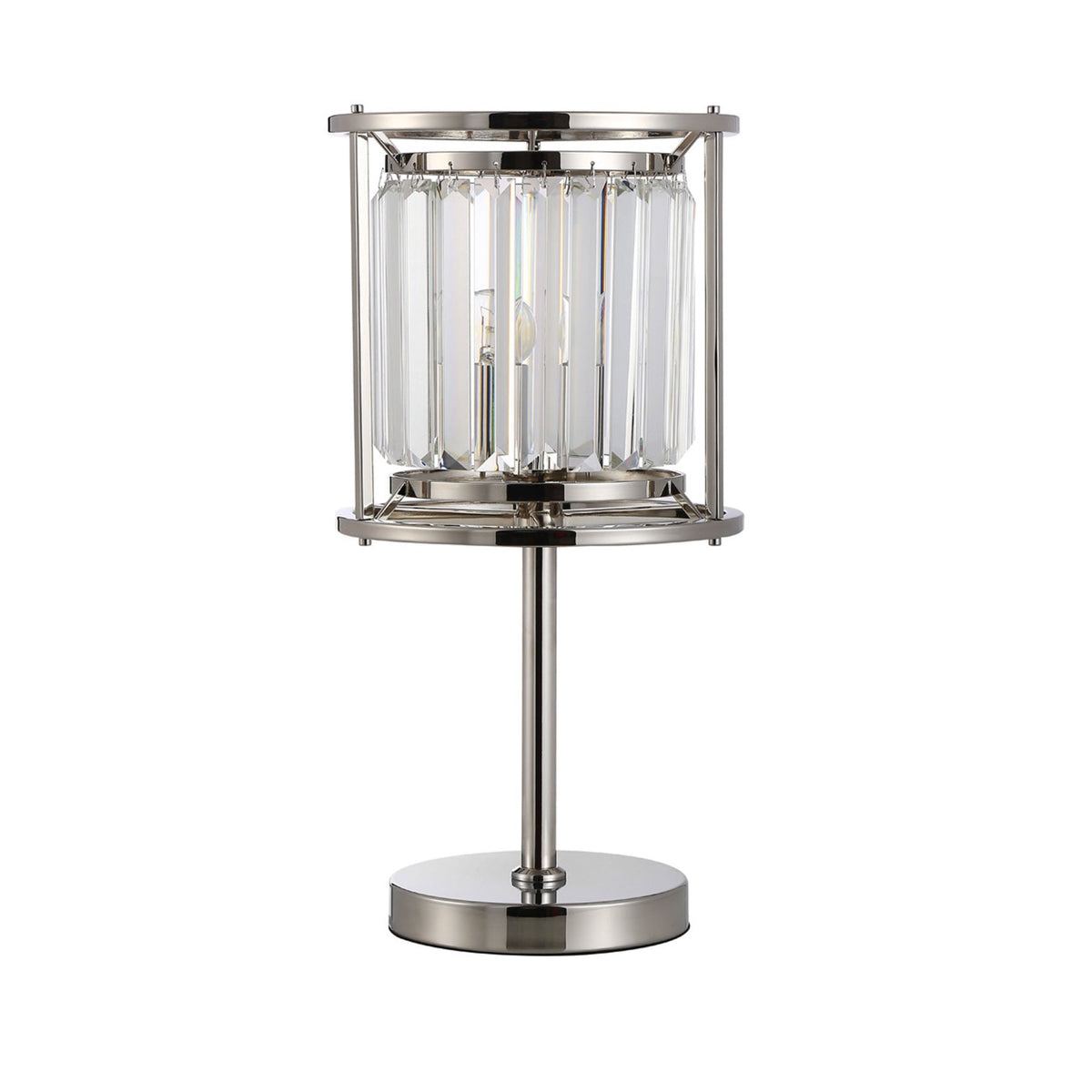 Polished nickel table lamp with a cylindrical shade made of vertical clear crystal rods