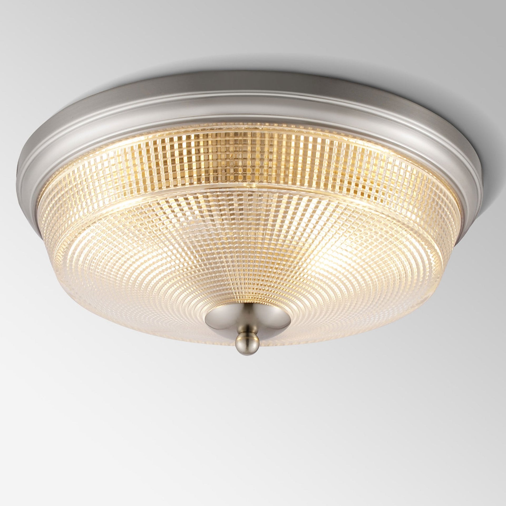 Arlington IP44 Ceiling Light Satin Nickel Prismatic Glass