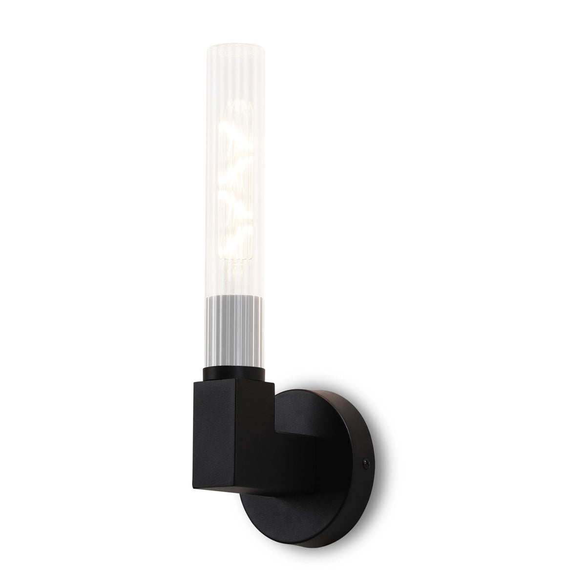 Ashill IP44 Bathroom Wall Light in Satin Black by Lumiere, with a clear fluted glass shade