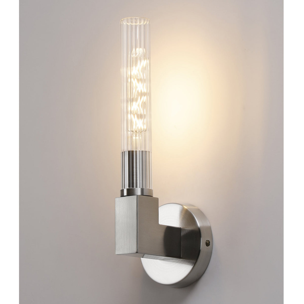 Lumiere Ashill IP44 Bathroom Wall Light in Satin Nickel with a clear ribbed glass shade
