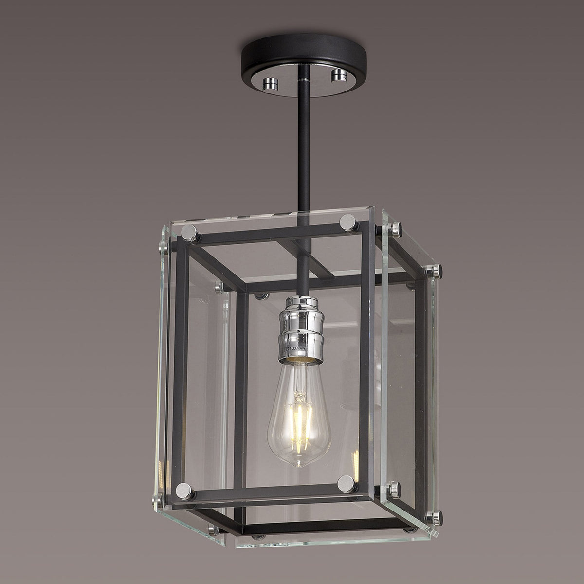 Downes Small Pendant in Matt Black with Chrome Detail & Clear Glass
