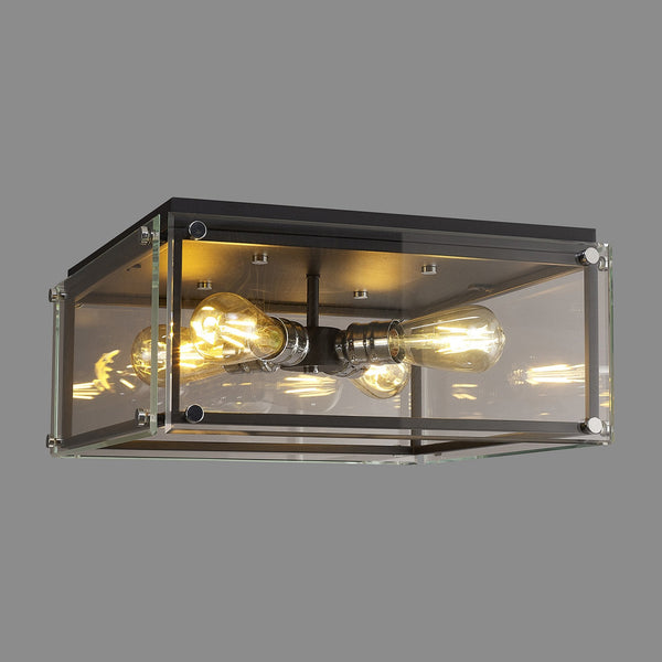 Downes Flush Ceiling Light in Matt Black with Chrome Detail & Clear Glass