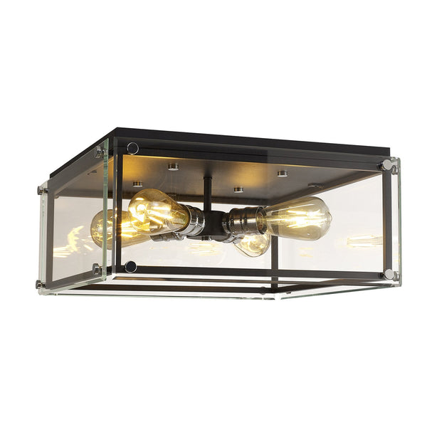 Downes Flush Ceiling Light in Matt Black with Chrome Detail & Clear Glass