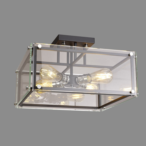 Downes Semi Flush Ceiling Light in Matt Black with Chrome Detail & Clear Glass