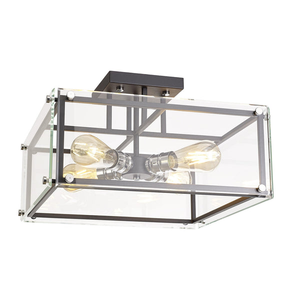 Downes Semi Flush Ceiling Light in Matt Black with Chrome Detail & Clear Glass