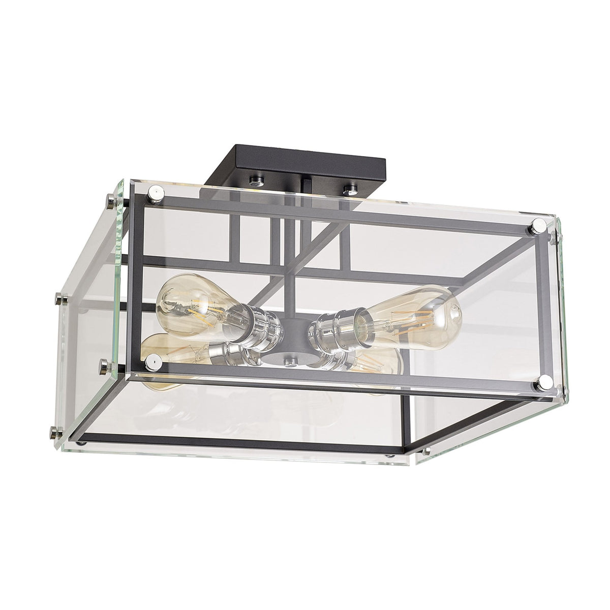 Downes Semi Flush Ceiling Light in Matt Black with Chrome Detail & Clear Glass