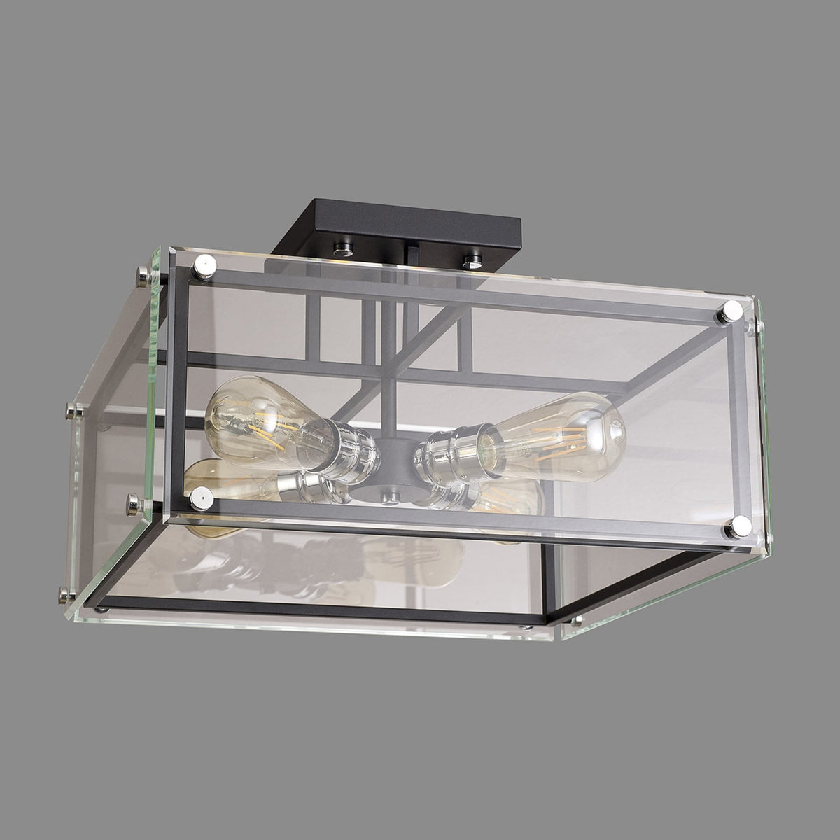 Downes Semi Flush Ceiling Light in Matt Black with Chrome Detail & Clear Glass