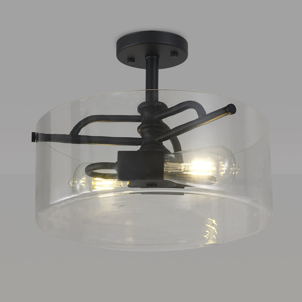 Halwell Semi Flush Ceiling Light in Sand Black with Clear Glass