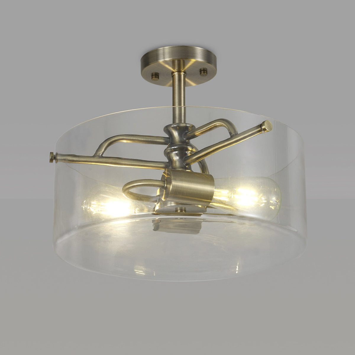 Halwell Semi Flush Ceiling Light in Antique Brass with Clear Glass