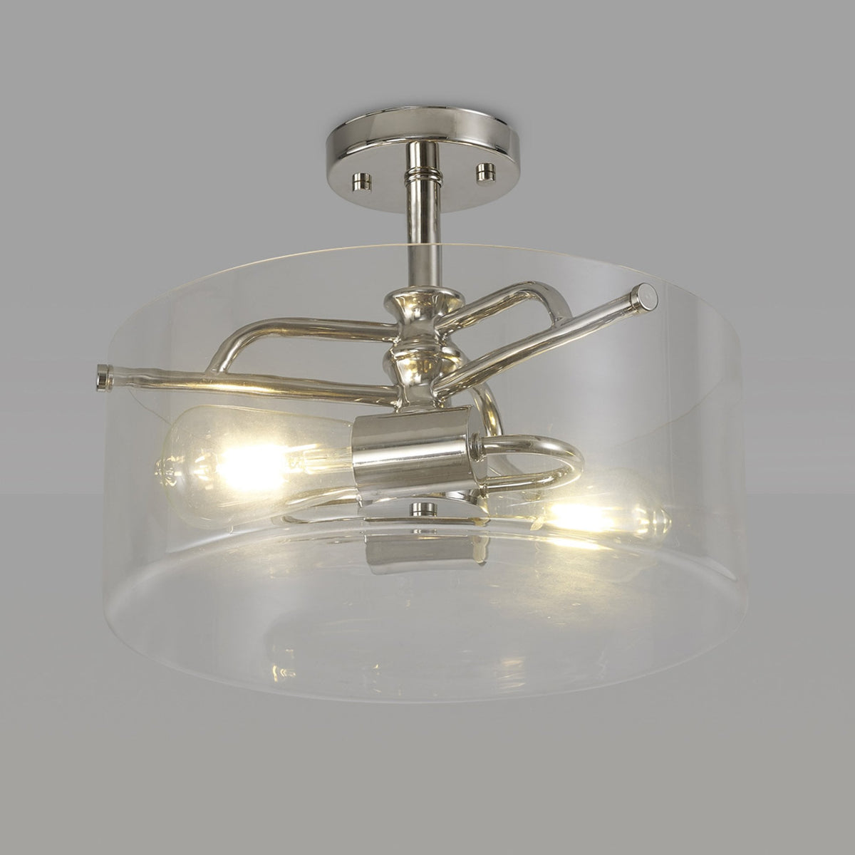 Halwell Semi Flush Ceiling Light in Polished Nickel with Clear Glass