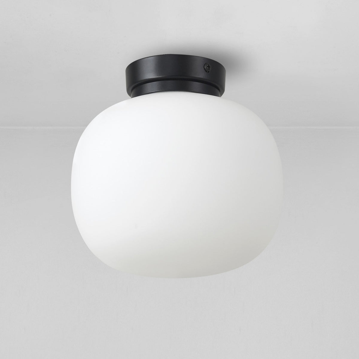 Milton Small Oval Ball Flush Ceiling Light in Matt Black & Frosted White Shade