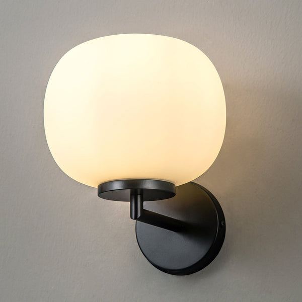Milton Small Oval Ball Wall Light in Matt Black & Frosted White Shade