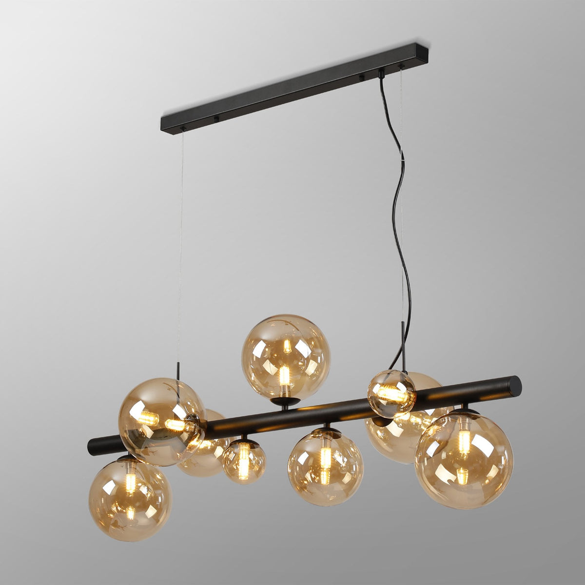 Shute 9lt Linear Pendant in Satin Black & Amber Plated Glass