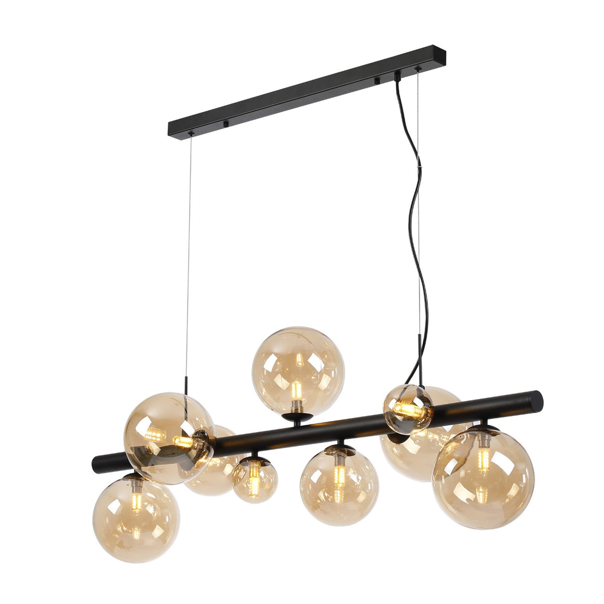 Shute 9lt Linear Pendant in Satin Black & Amber Plated Glass