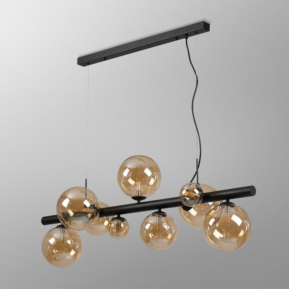 Shute 9lt Linear Pendant in Satin Black & Amber Plated Glass