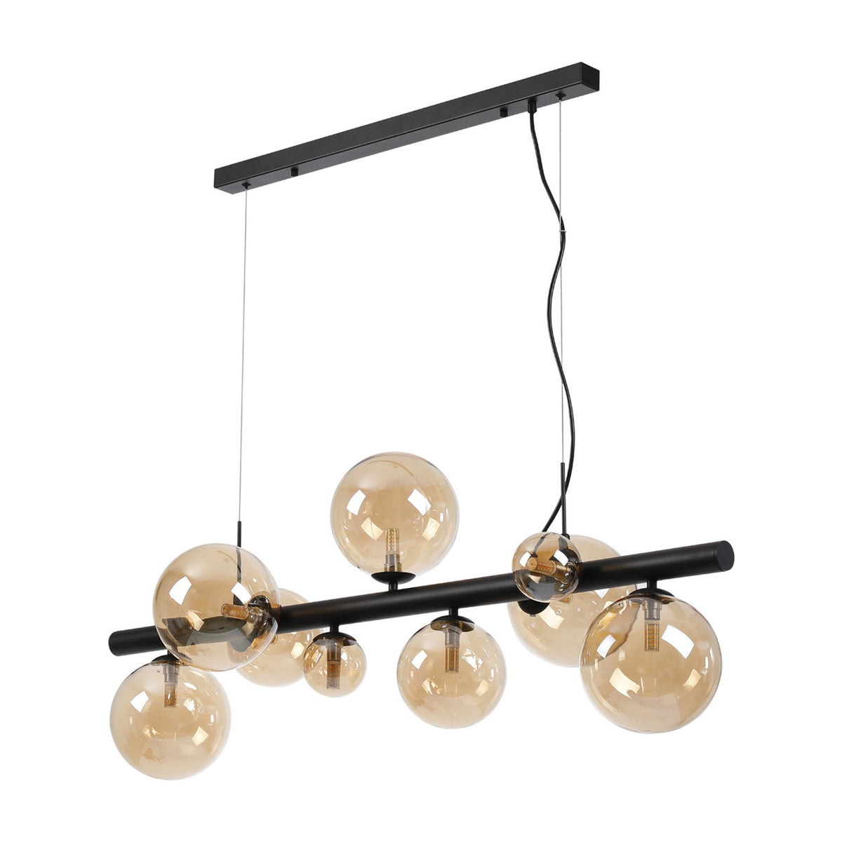 Shute 9lt Linear Pendant in Satin Black & Amber Plated Glass