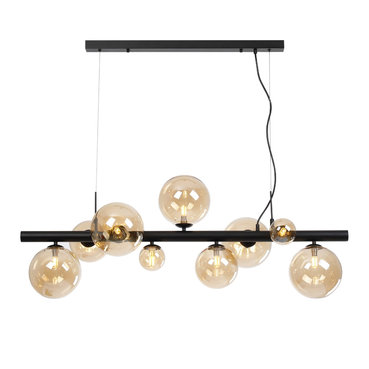 Shute 9lt Linear Pendant in Satin Black & Amber Plated Glass