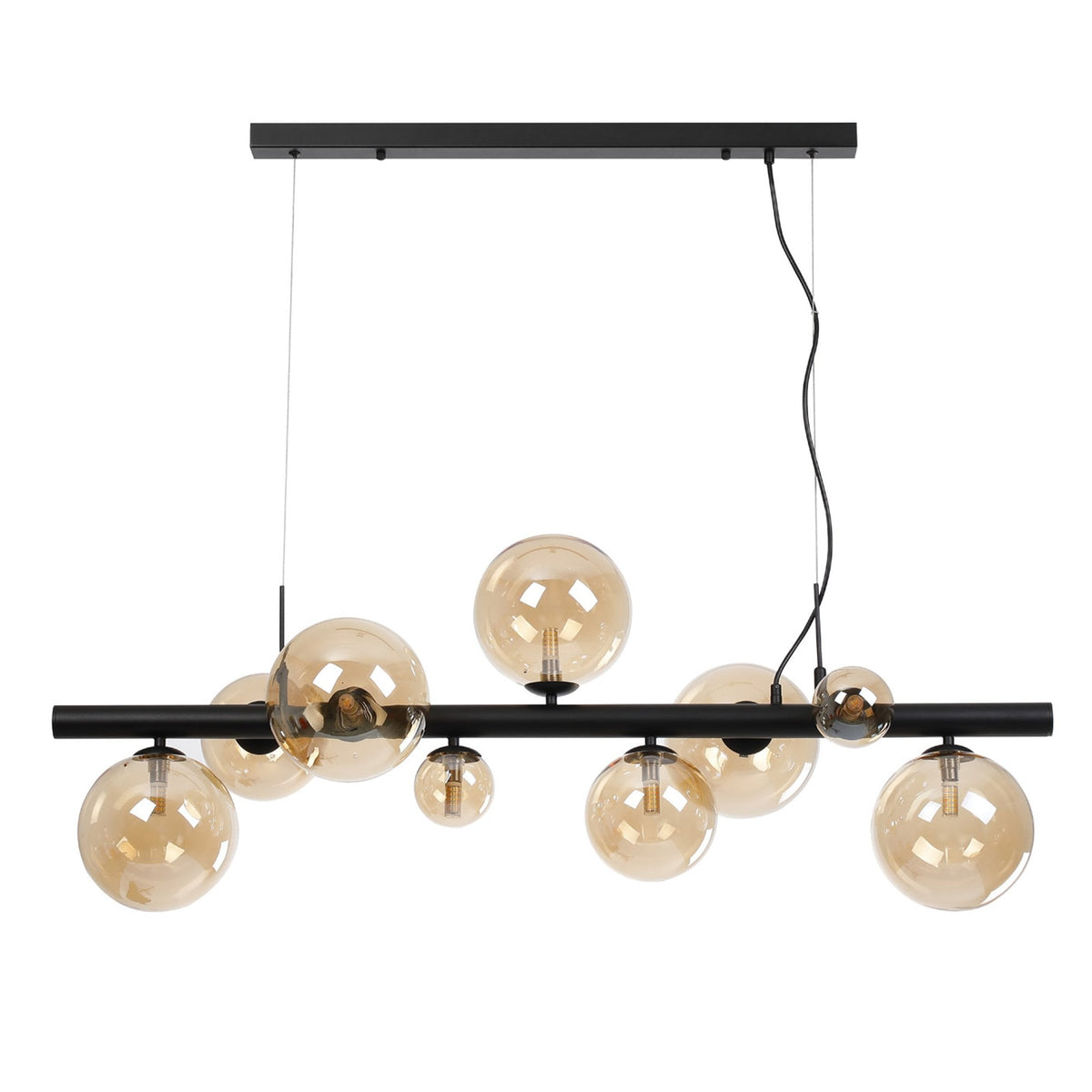 Shute 9lt Linear Pendant in Satin Black & Amber Plated Glass