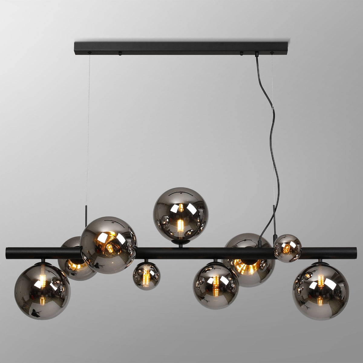 Shute 9lt Linear Pendant in Satin Black & Chrome Plated Glass