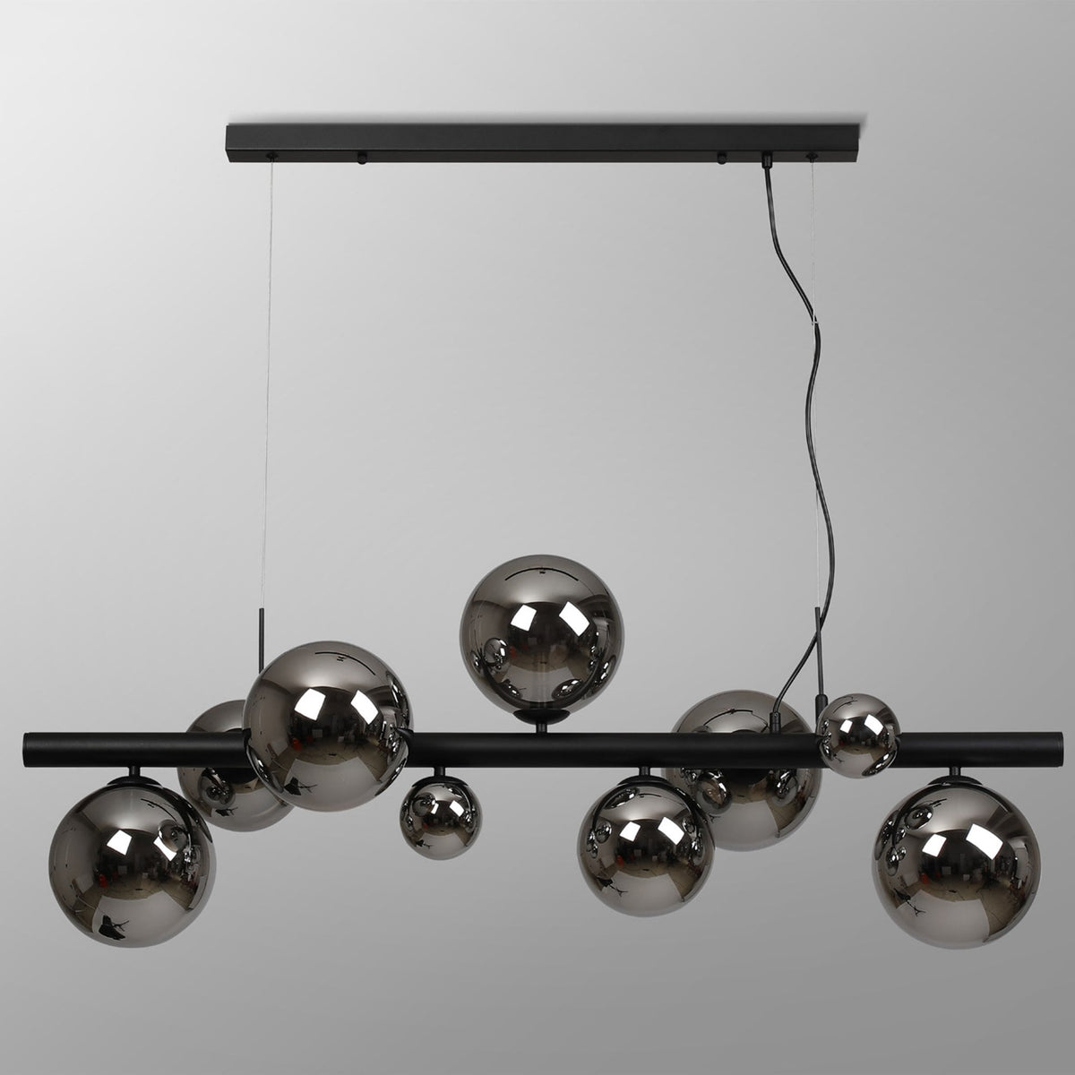 Shute 9lt Linear Pendant in Satin Black & Chrome Plated Glass