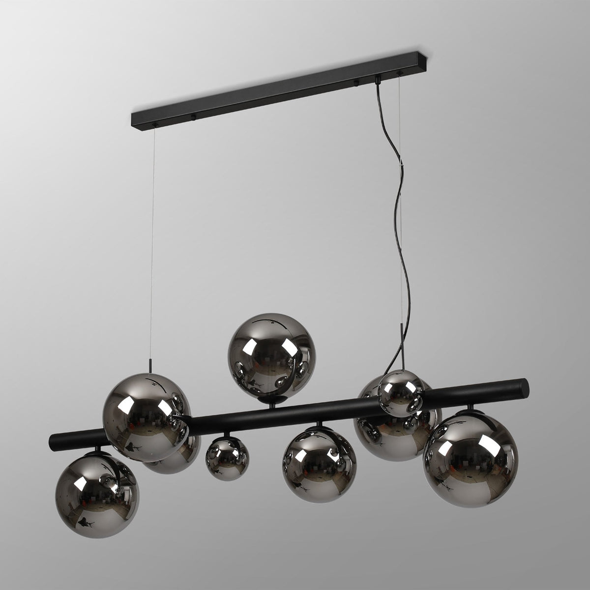 Shute 9lt Linear Pendant in Satin Black & Chrome Plated Glass