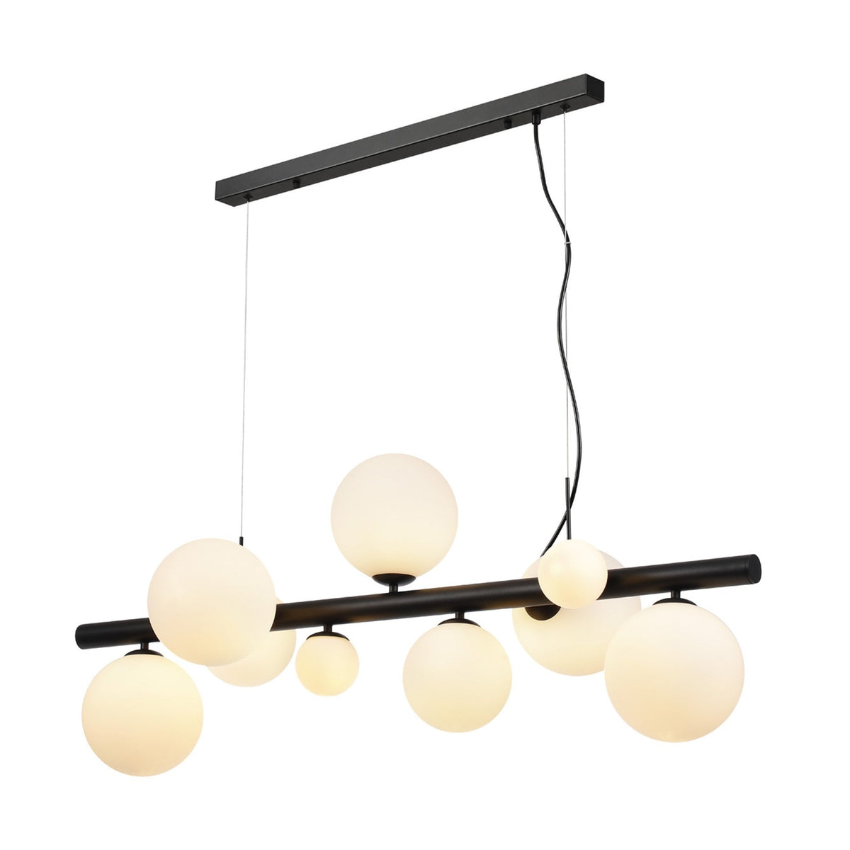 Shute 9lt Linear Pendant in Satin Black & Opal Glass