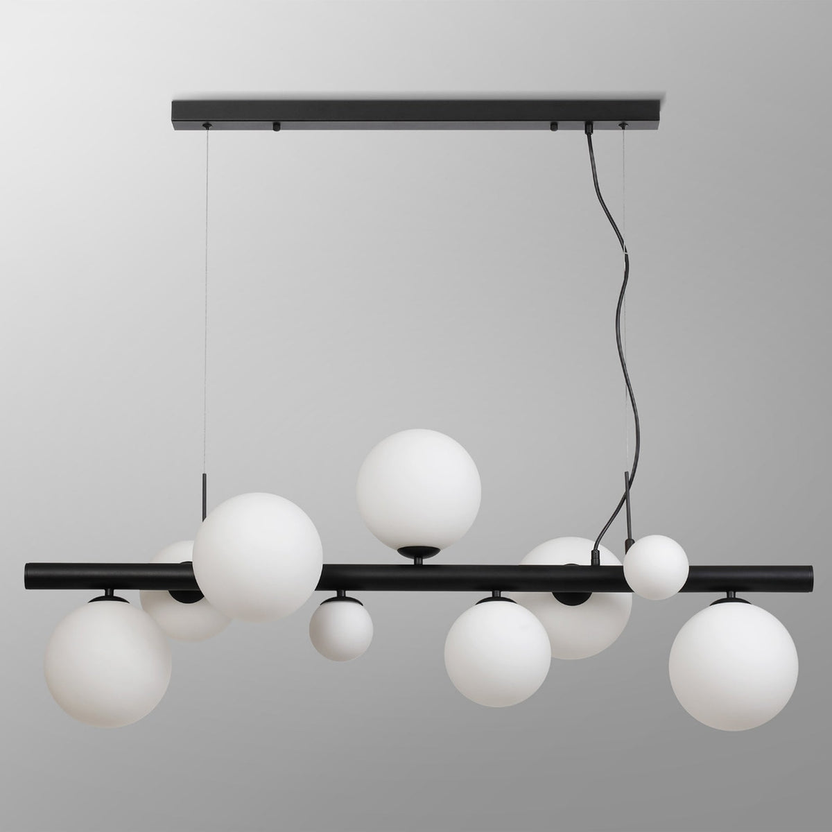 Shute 9lt Linear Pendant in Satin Black & Opal Glass