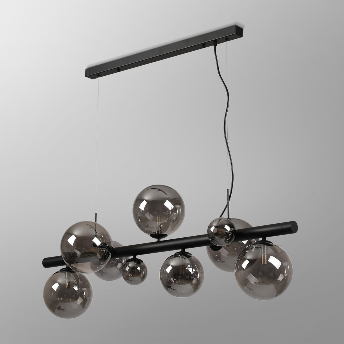 Shute 9lt Linear Pendant in Satin Black & Smoked Plated Glass