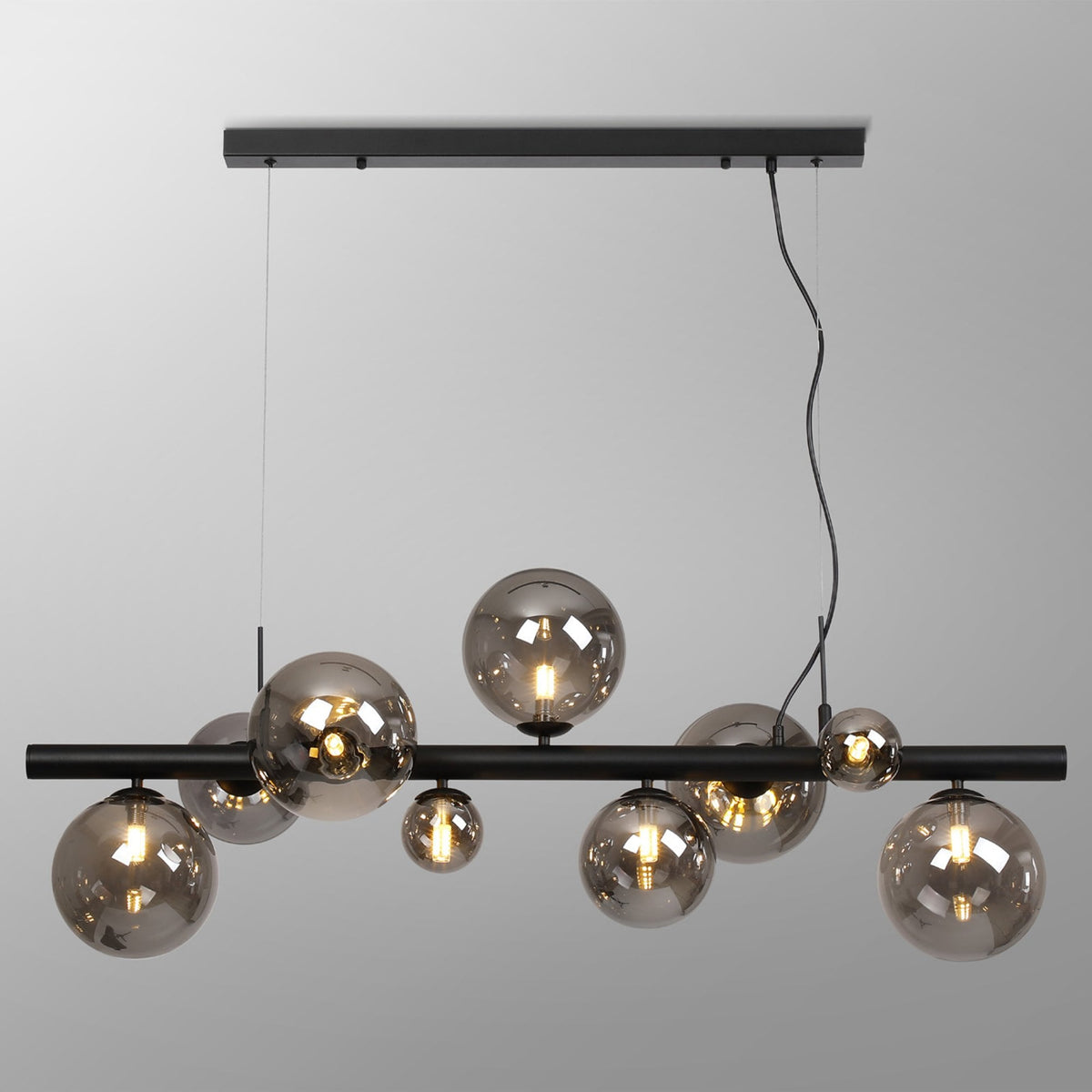 Shute 9lt Linear Pendant in Satin Black & Smoked Plated Glass