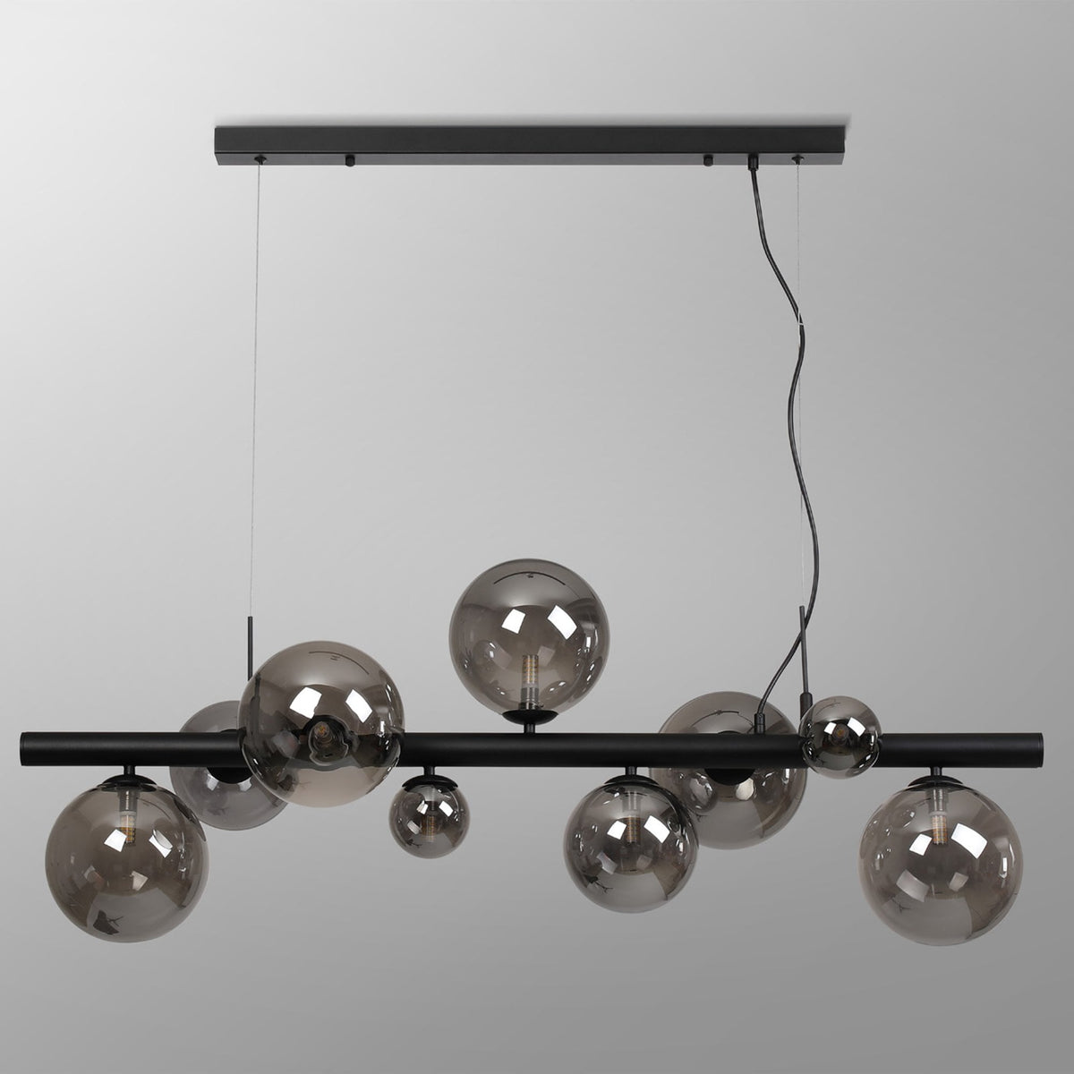 Shute 9lt Linear Pendant in Satin Black & Smoked Plated Glass