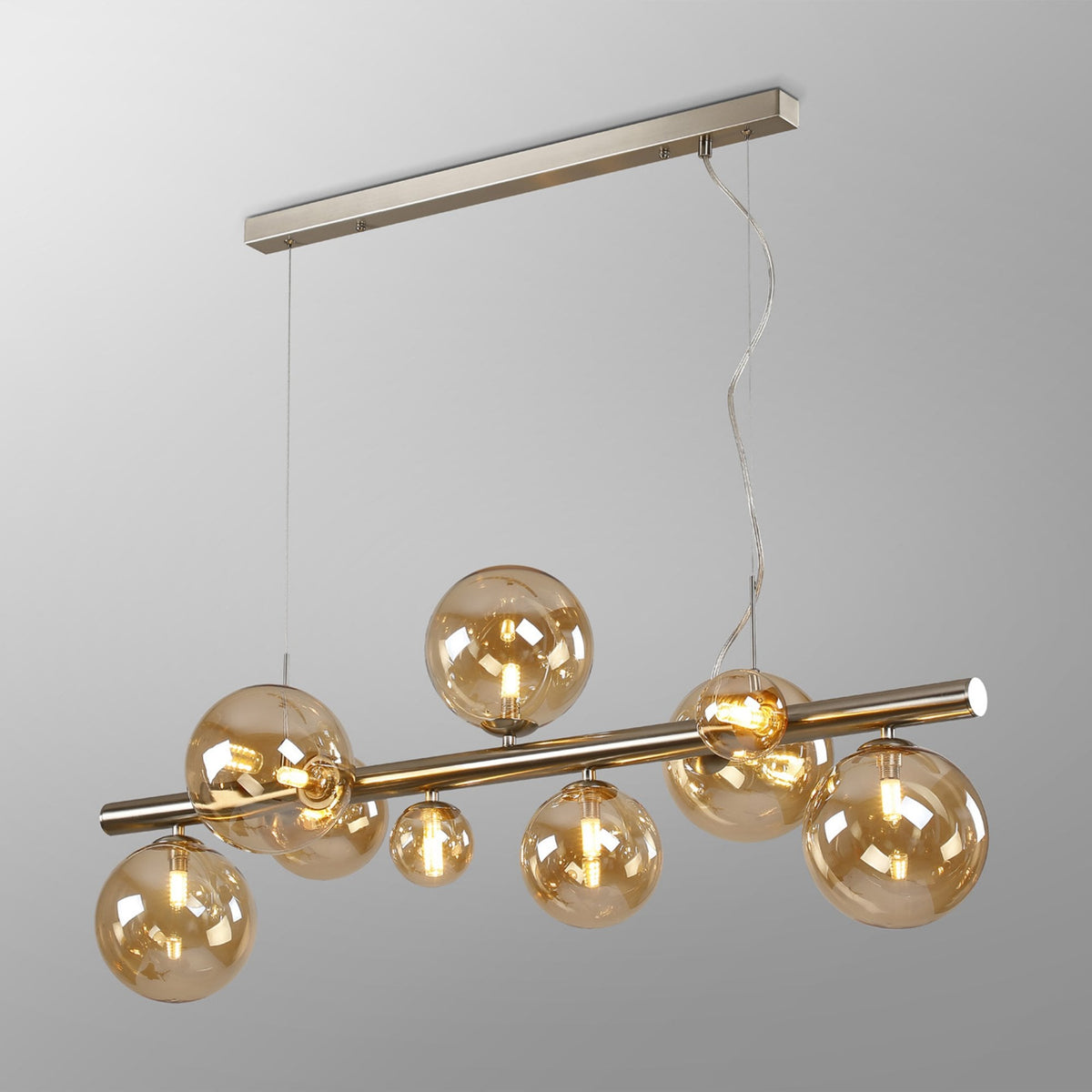 Shute 9lt Linear Pendant Satin Nickel & Amber Plated Glass