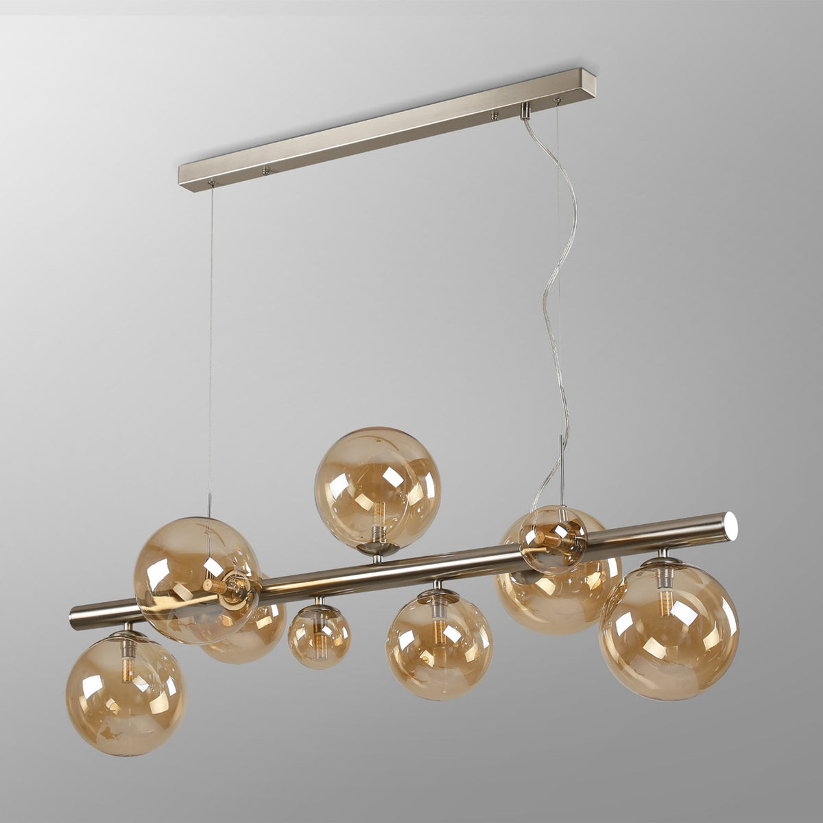 Shute 9lt Linear Pendant in Satin Nickel & Amber Plated Glass