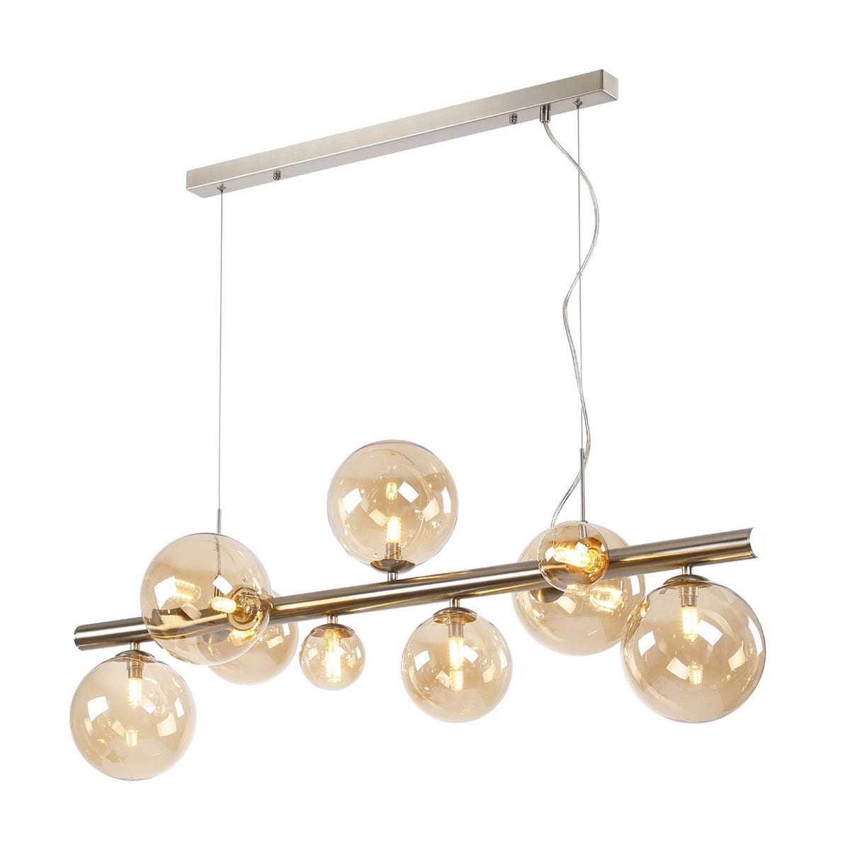 Shute 9lt Linear Pendant in Satin Nickel & Amber Plated Glass