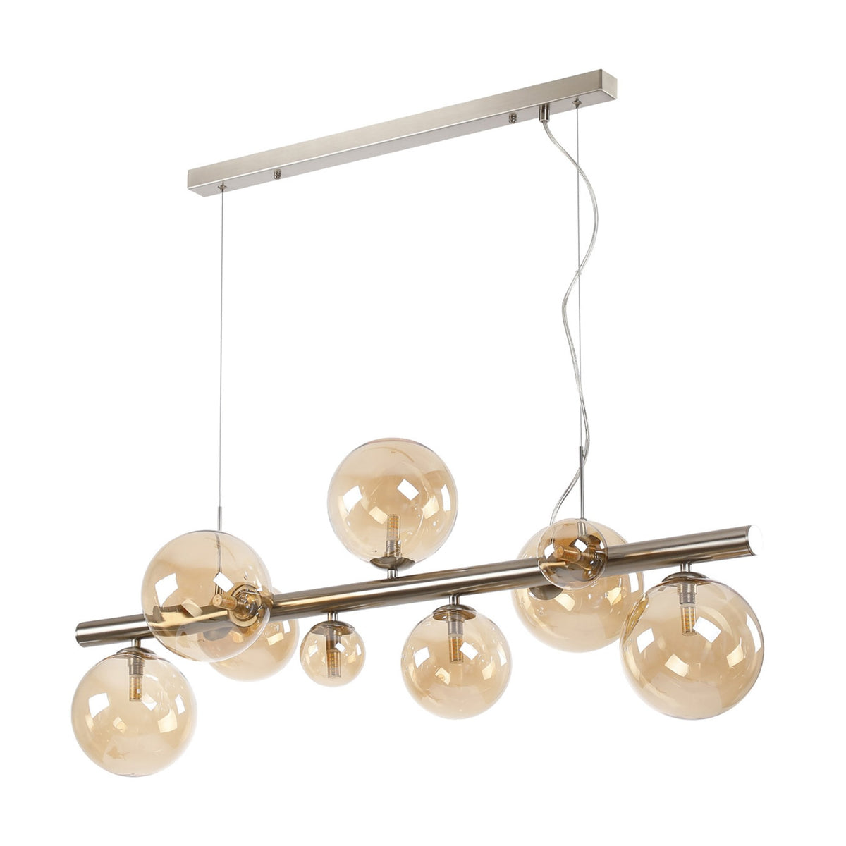 Shute 9lt Linear Pendant in Satin Nickel & Amber Plated Glass