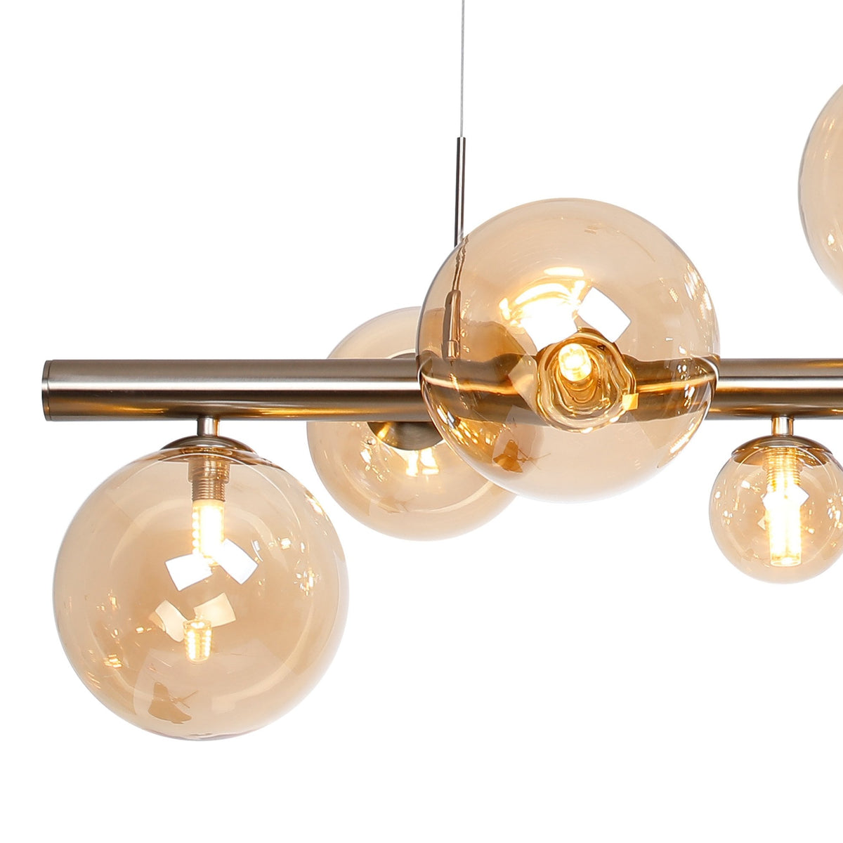 Shute 9lt Linear Pendant in Satin Nickel & Amber Plated Glass