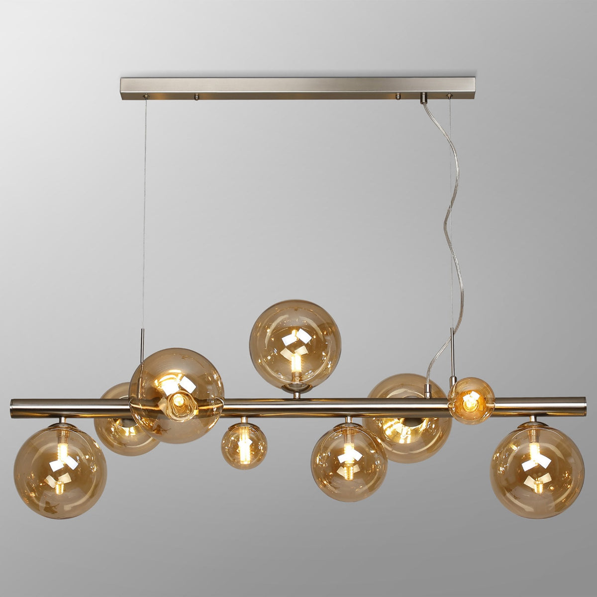Shute 9lt Linear Pendant in Satin Nickel & Amber Plated Glass
