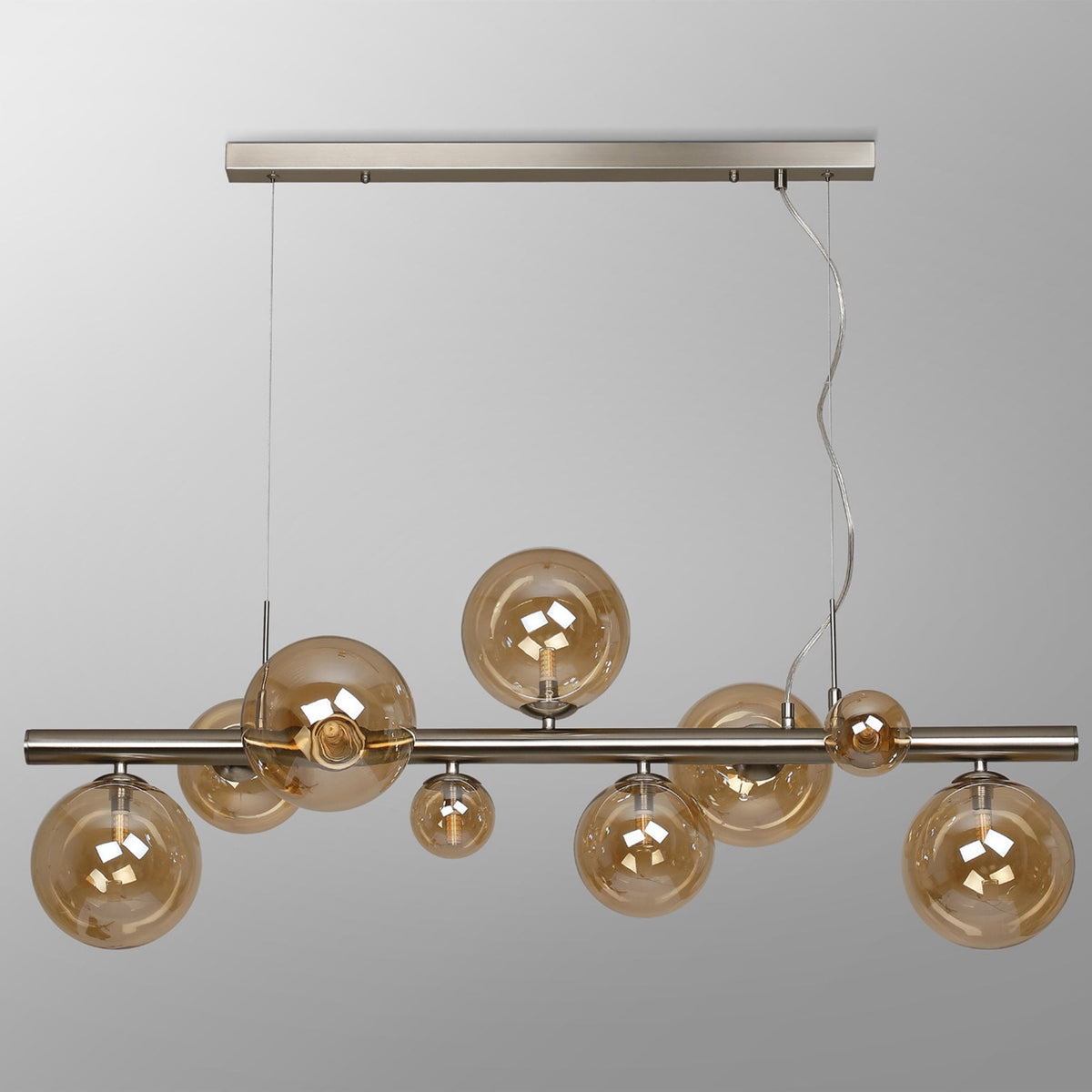 Shute 9lt Linear Pendant in Satin Nickel & Amber Plated Glass